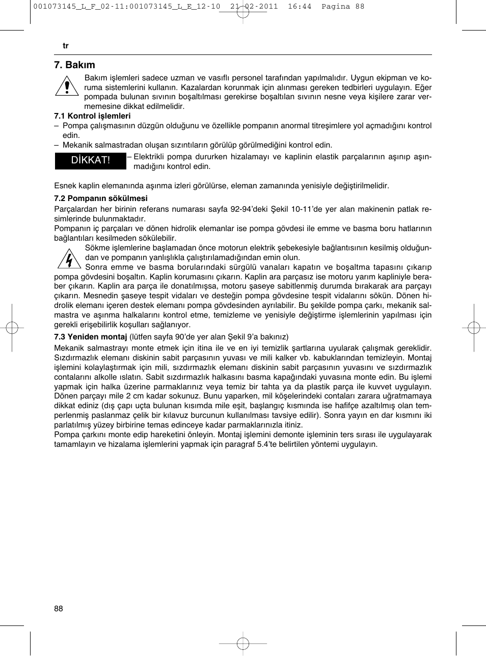 Bakım, D kkat | Xylem FHF SHF User Manual | Page 88 / 100