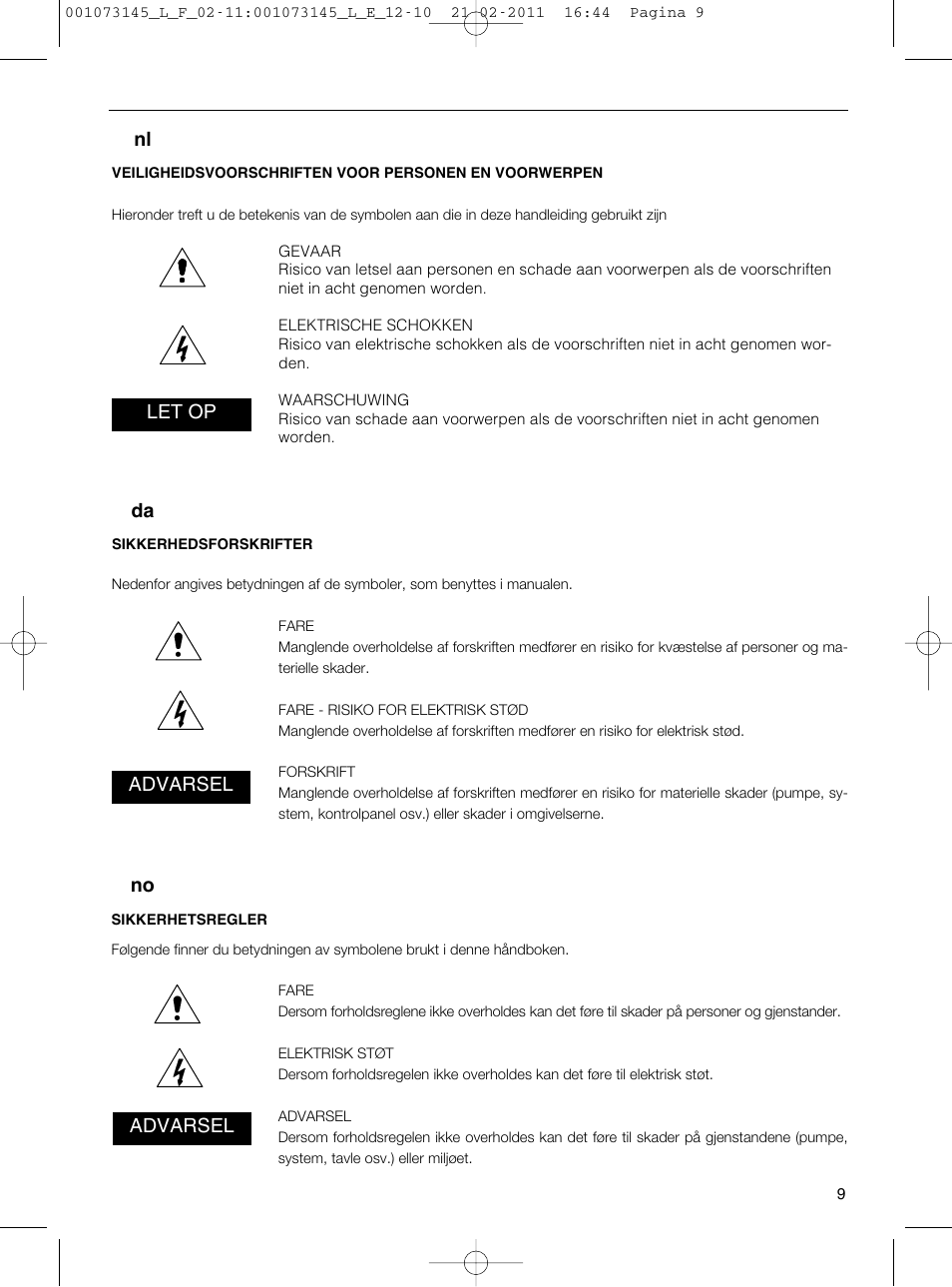 No da nl, Let op advarsel advarsel | Xylem FHF SHF User Manual | Page 9 / 100