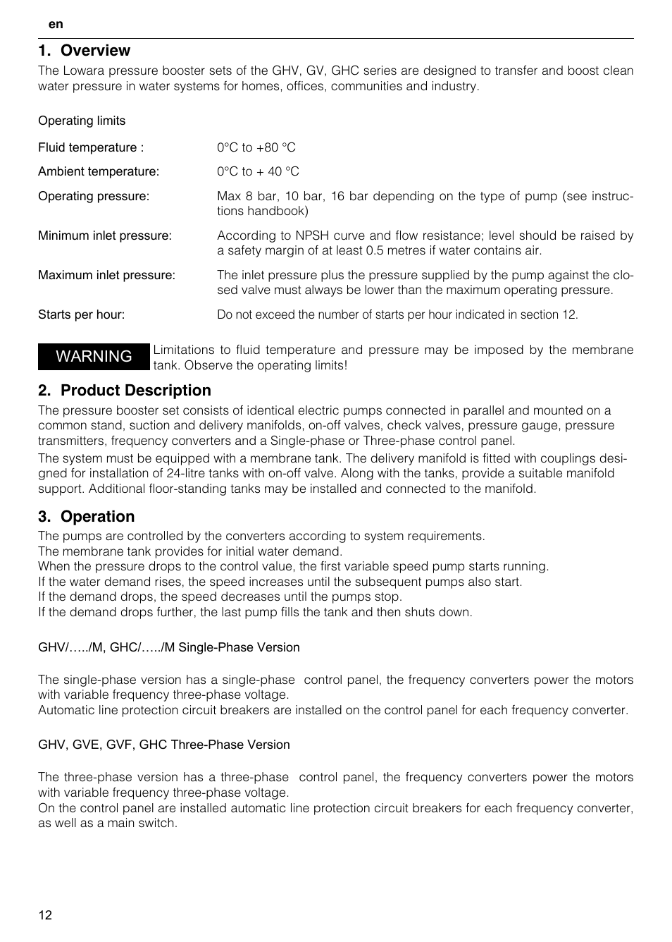 Overview, Product description, Operation | Warning | Xylem GHV User Manual | Page 12 / 76