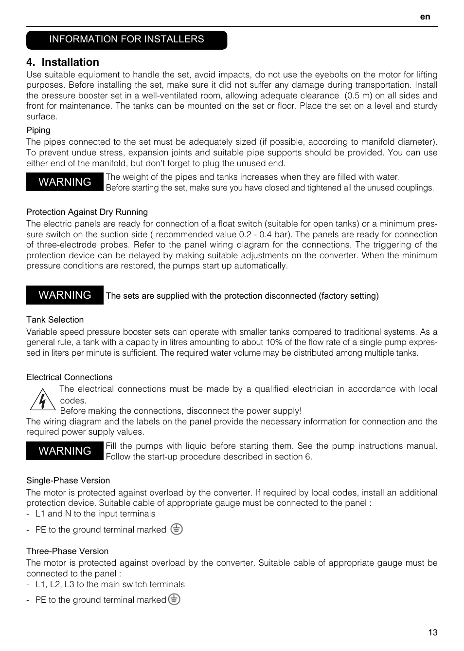 Installation, Warning | Xylem GHV User Manual | Page 13 / 76