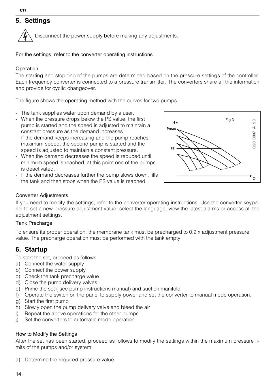 Settings, Startup | Xylem GHV User Manual | Page 14 / 76