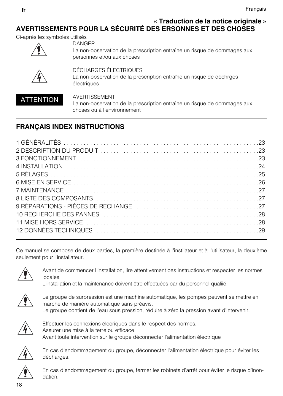 Français index instructions, Attention | Xylem GHV User Manual | Page 18 / 76