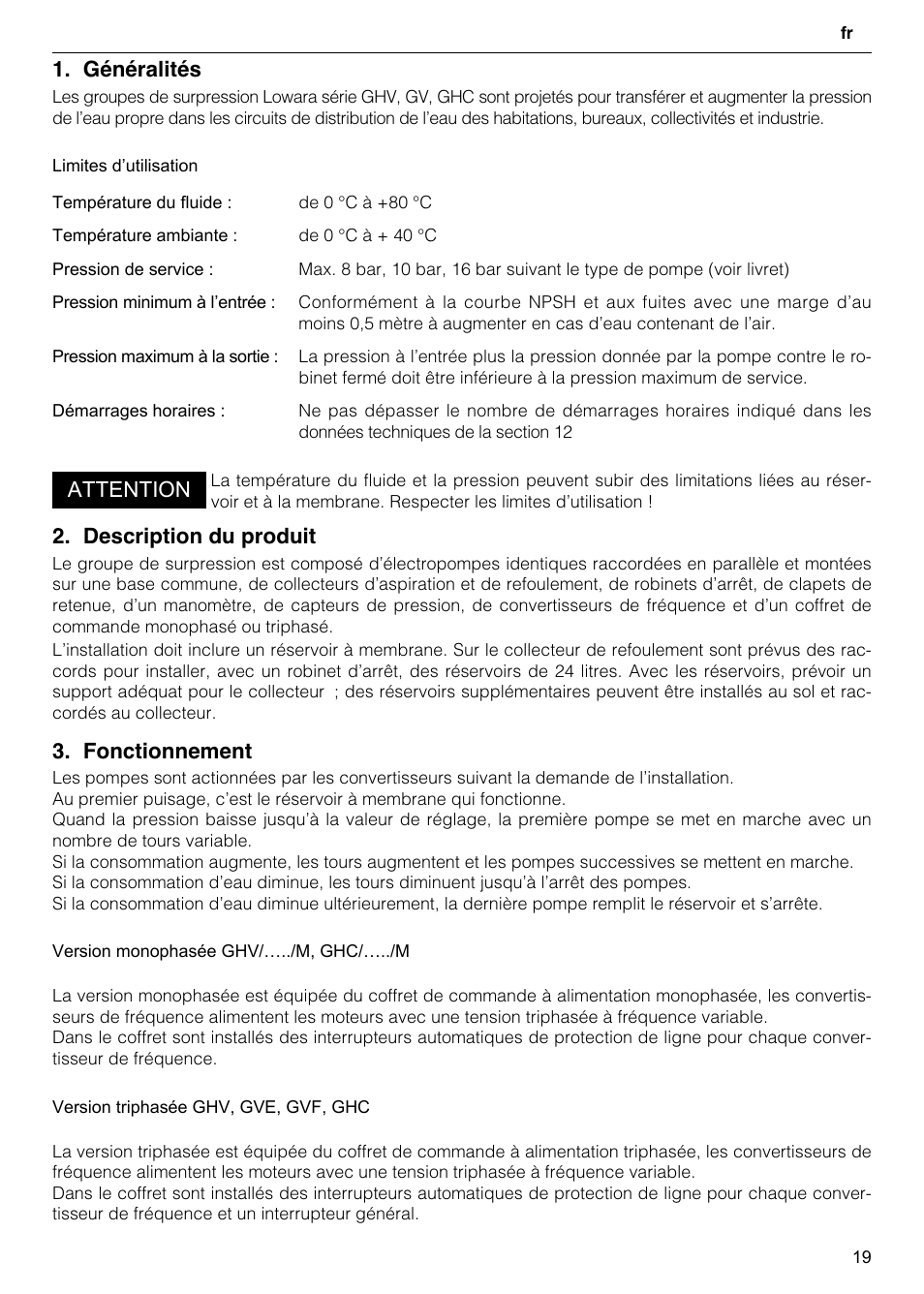 Généralités, Description du produit, Fonctionnement | Attention | Xylem GHV User Manual | Page 19 / 76