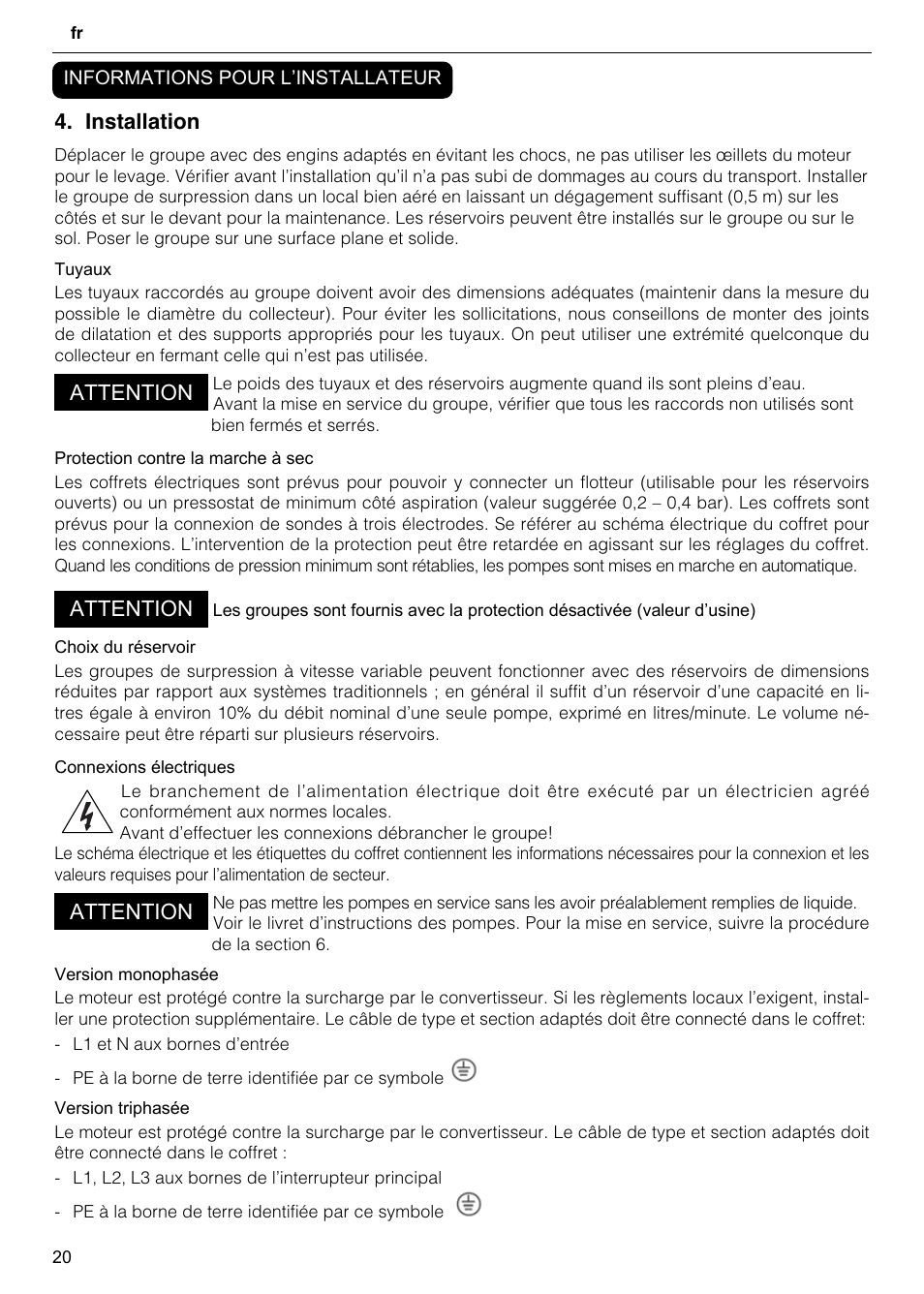 Installation, Attention | Xylem GHV User Manual | Page 20 / 76