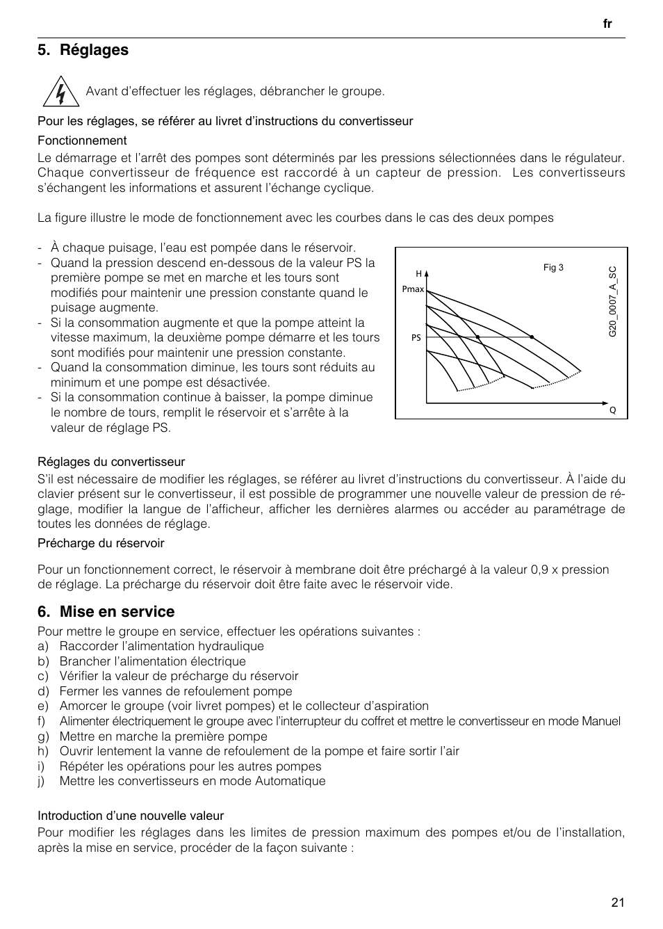Réglages, Mise en service | Xylem GHV User Manual | Page 21 / 76