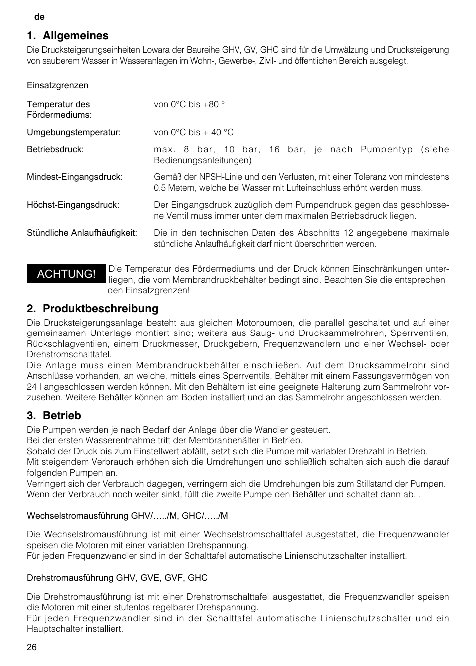 Allgemeines, Produktbeschreibung, Betrieb | Achtung | Xylem GHV User Manual | Page 26 / 76