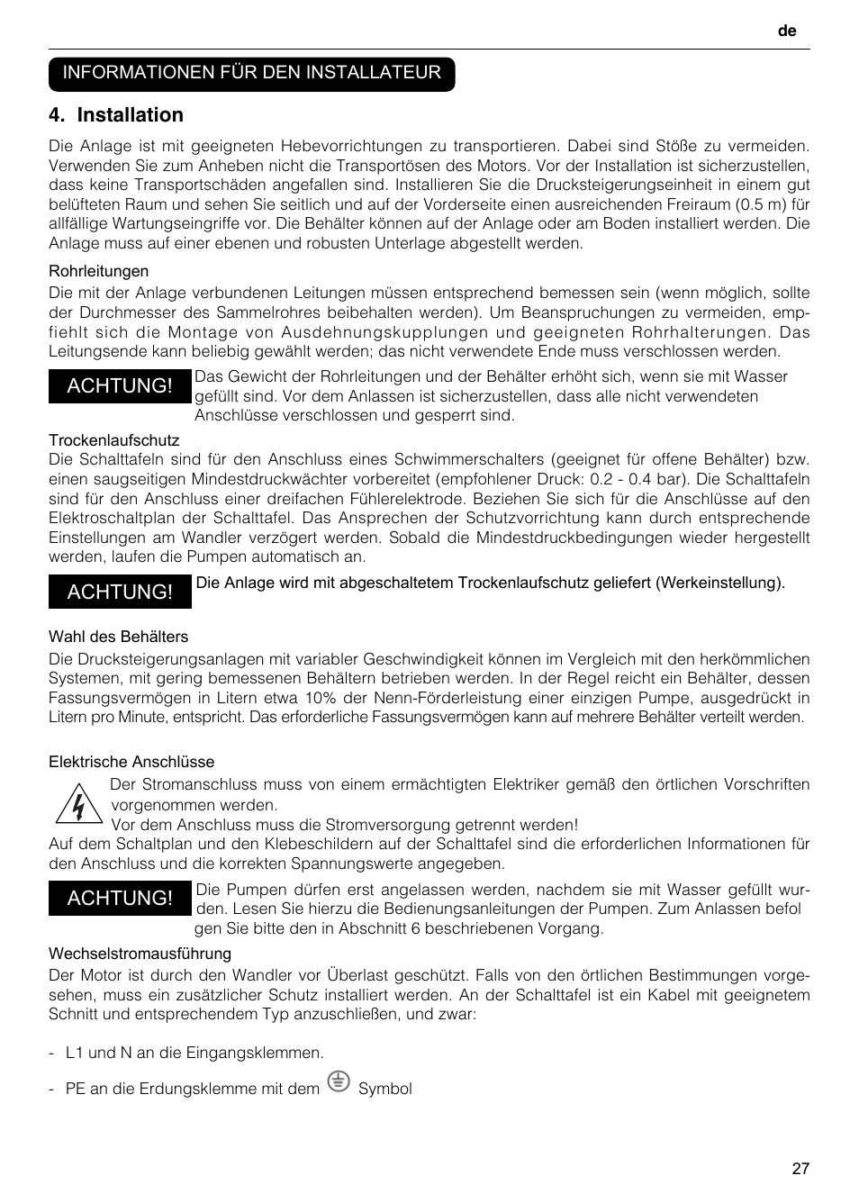 Installation, Achtung | Xylem GHV User Manual | Page 27 / 76