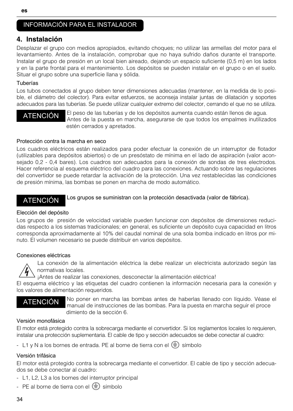 Instalación, Atención | Xylem GHV User Manual | Page 34 / 76