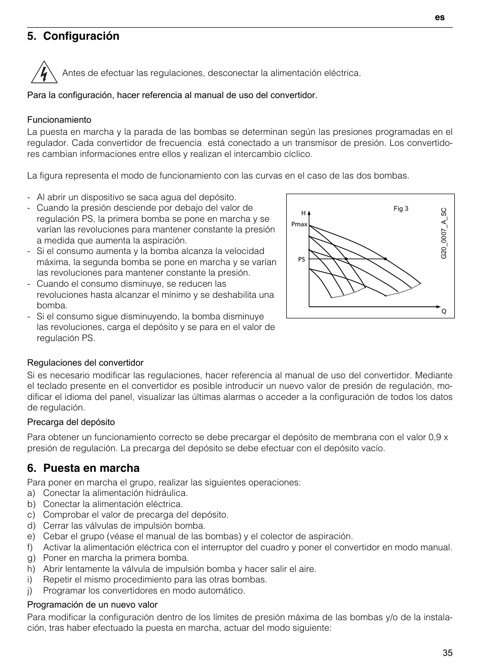 Configuración, Puesta en marcha | Xylem GHV User Manual | Page 35 / 76