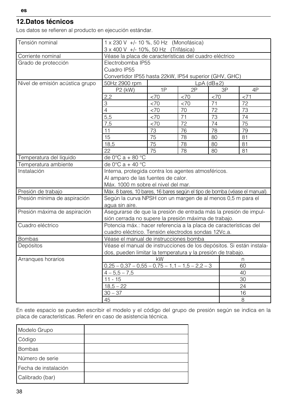 Datos técnicos | Xylem GHV User Manual | Page 38 / 76