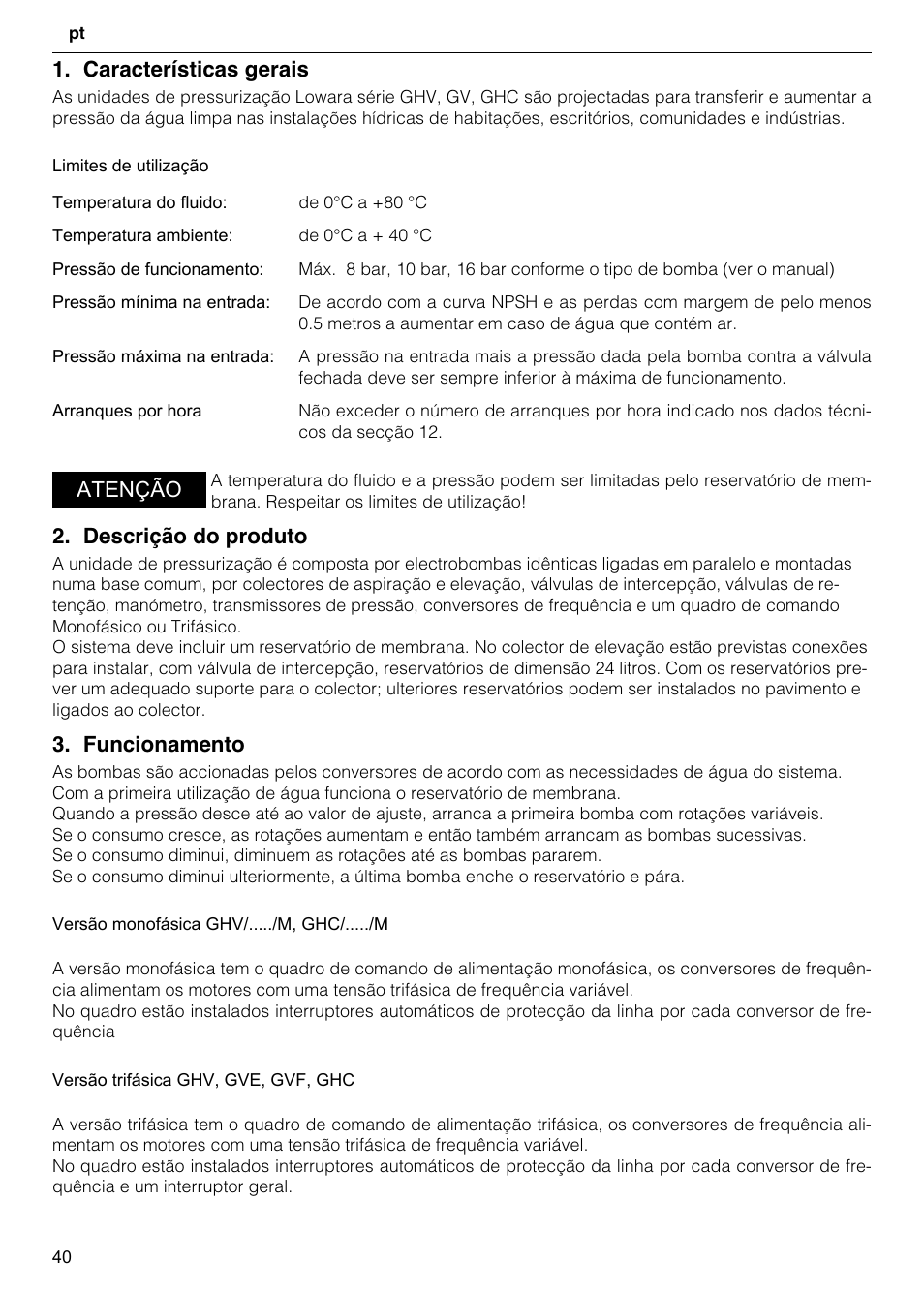 Características gerais, Descrição do produto, Funcionamento | Atenção | Xylem GHV User Manual | Page 40 / 76