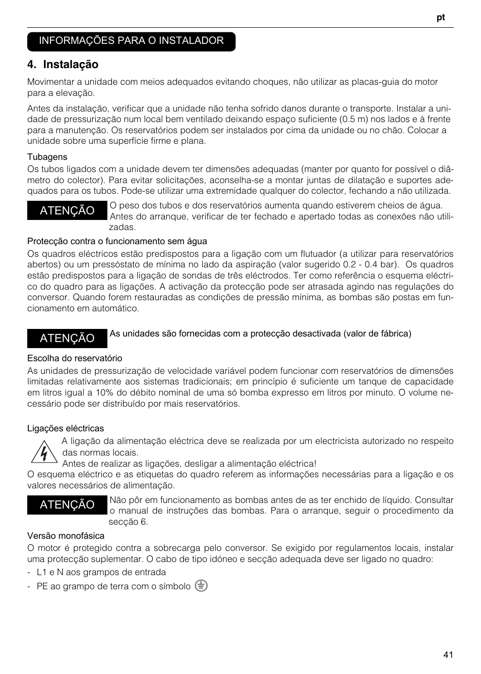Instalação, Atenção | Xylem GHV User Manual | Page 41 / 76