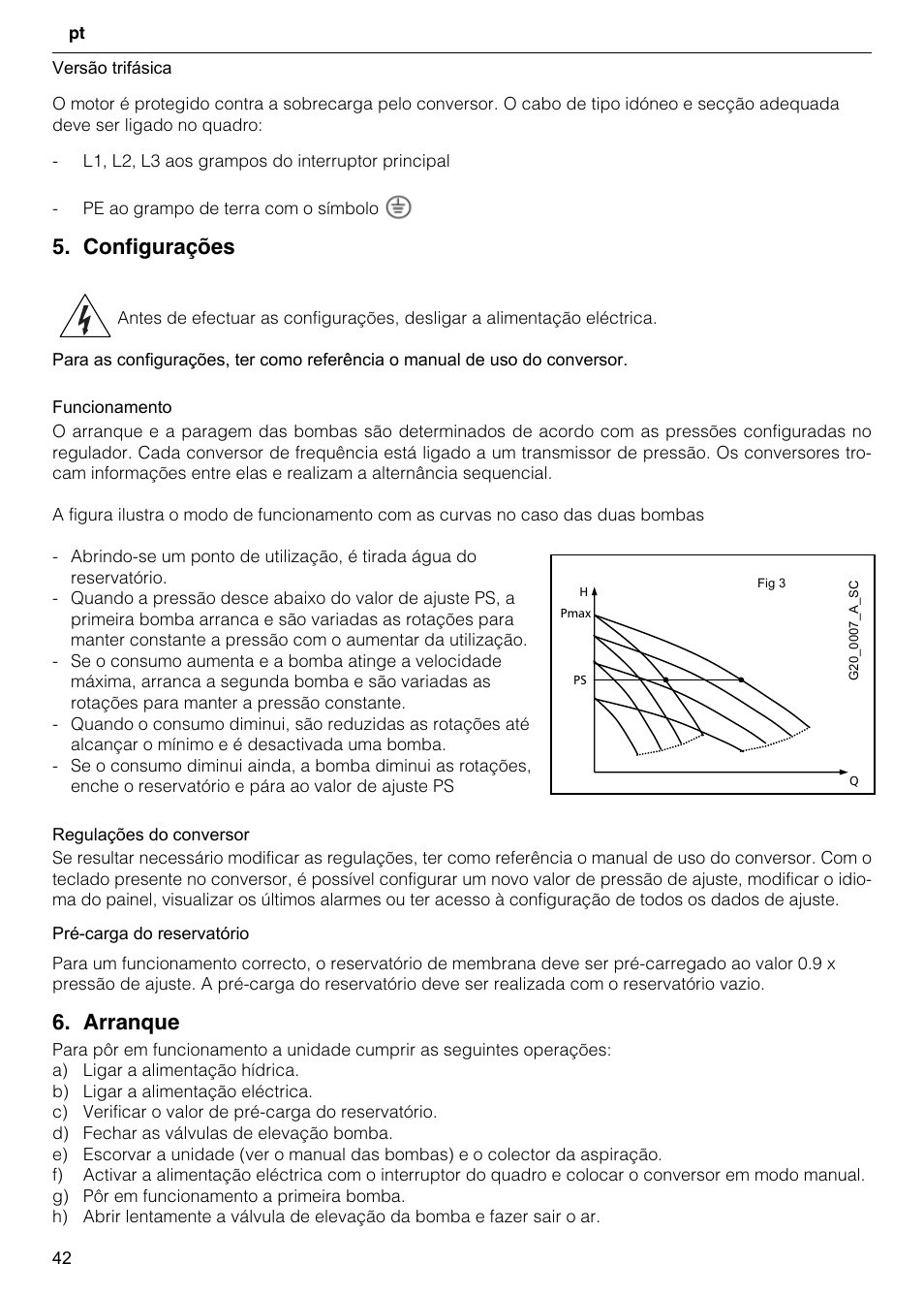 Configurações, Arranque | Xylem GHV User Manual | Page 42 / 76