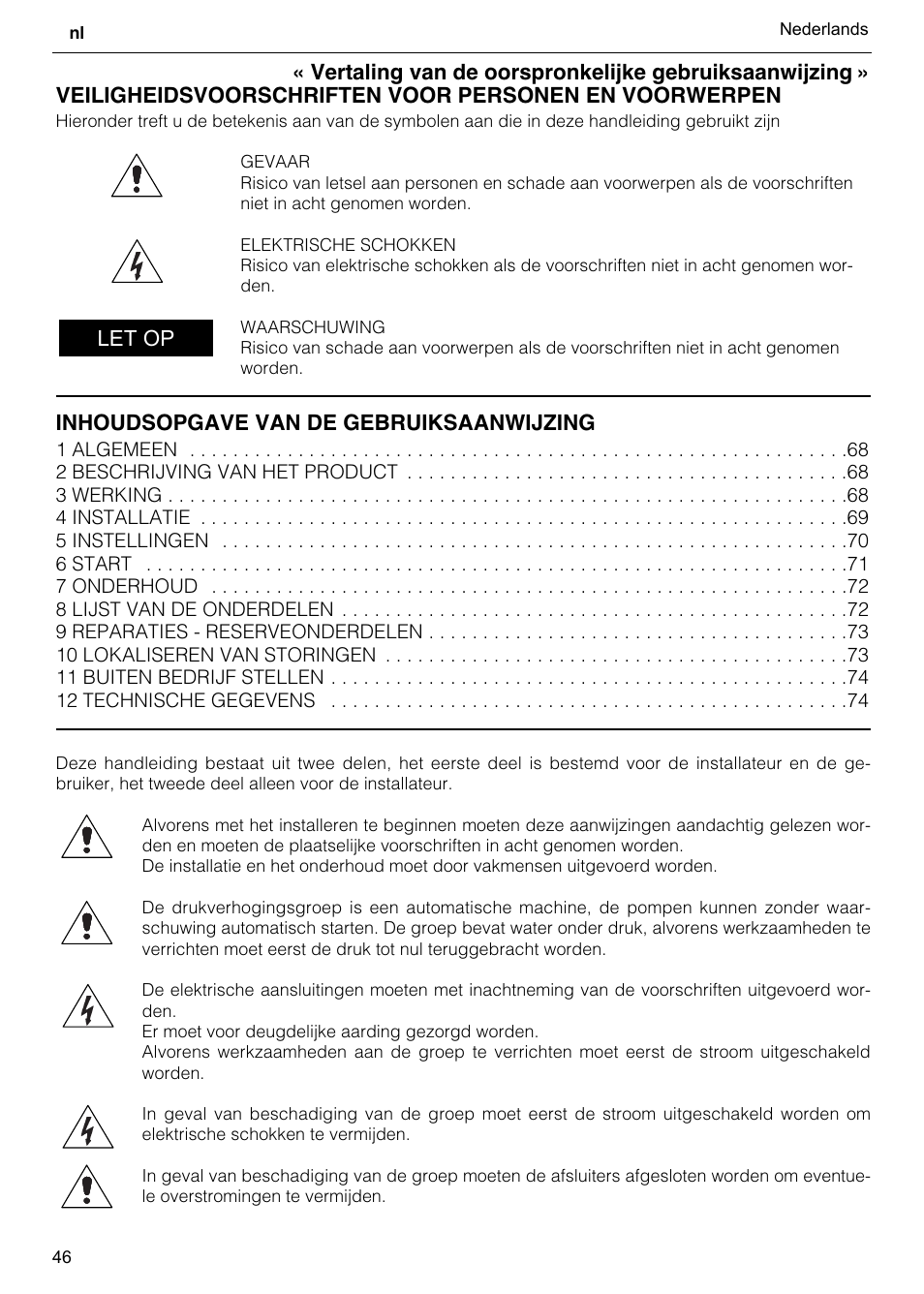 Inhoudsopgave van de gebruiksaanwijzing, Let op | Xylem GHV User Manual | Page 46 / 76
