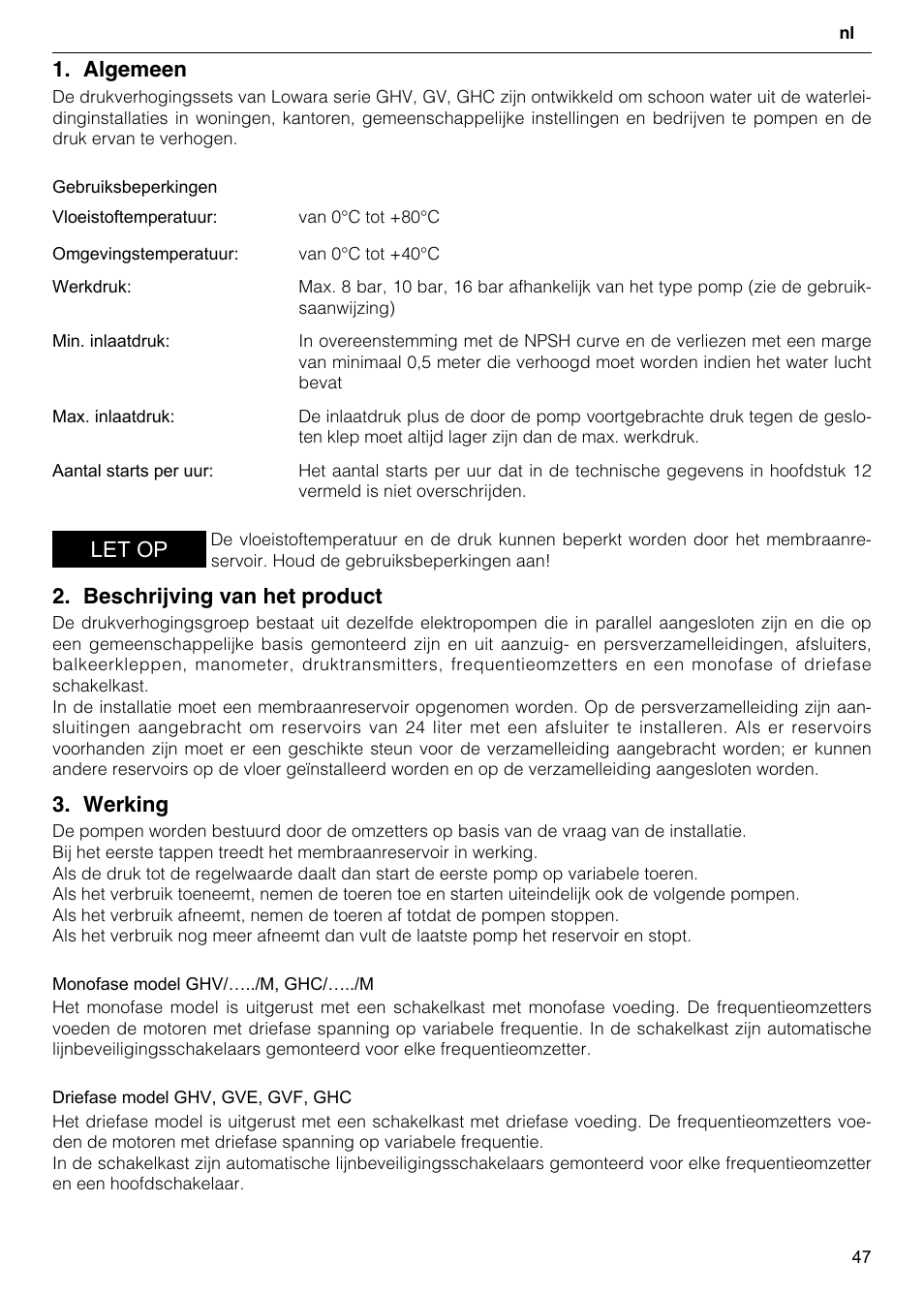 Algemeen, Beschrijving van het product, Werking | Let op | Xylem GHV User Manual | Page 47 / 76