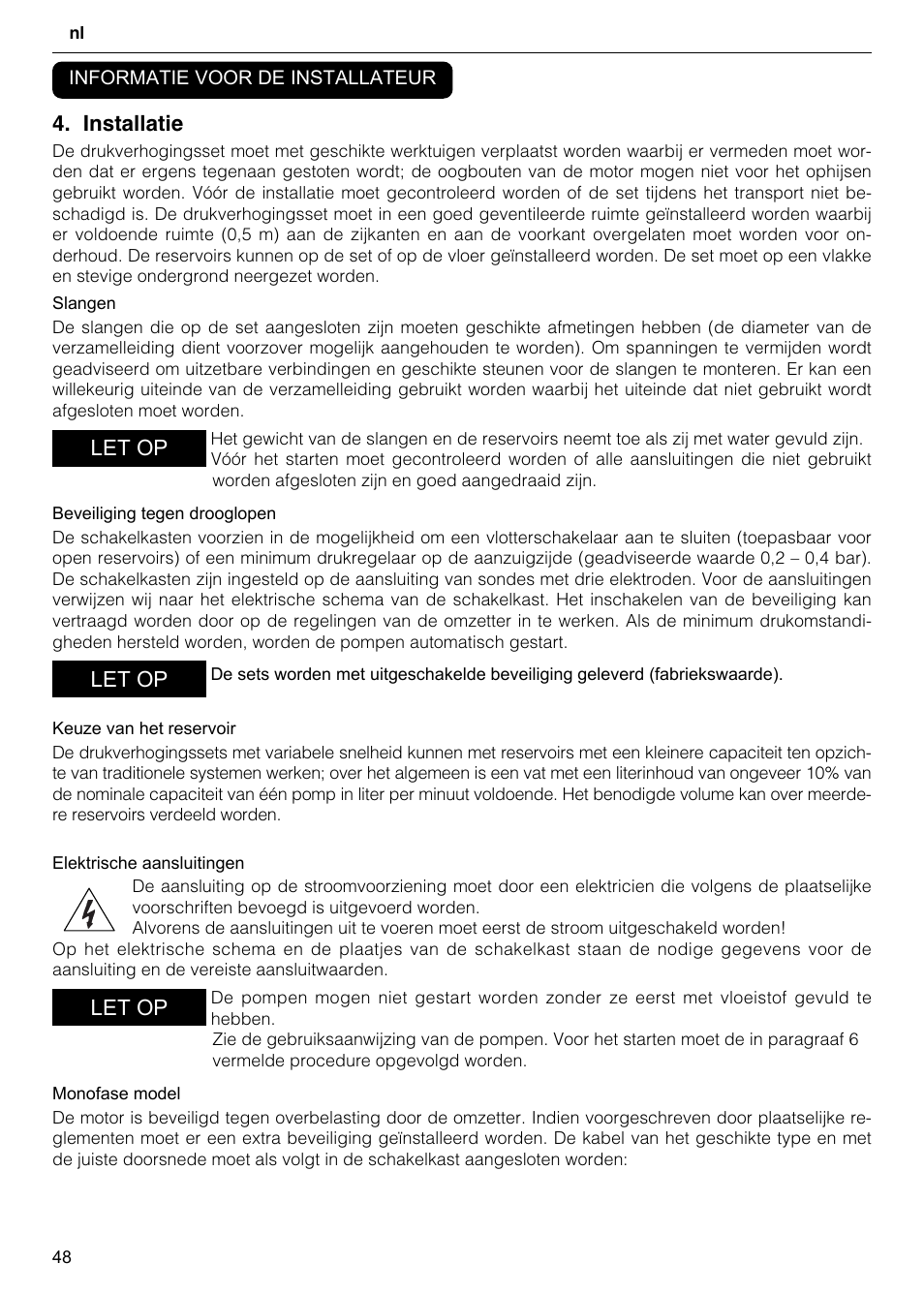 Installatie, Let op | Xylem GHV User Manual | Page 48 / 76