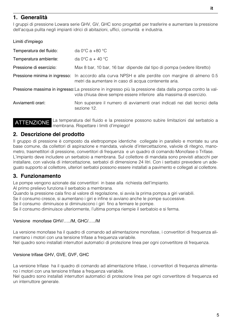 Generalità, Descrizione del prodotto, Funzionamento | Attenzione | Xylem GHV User Manual | Page 5 / 76