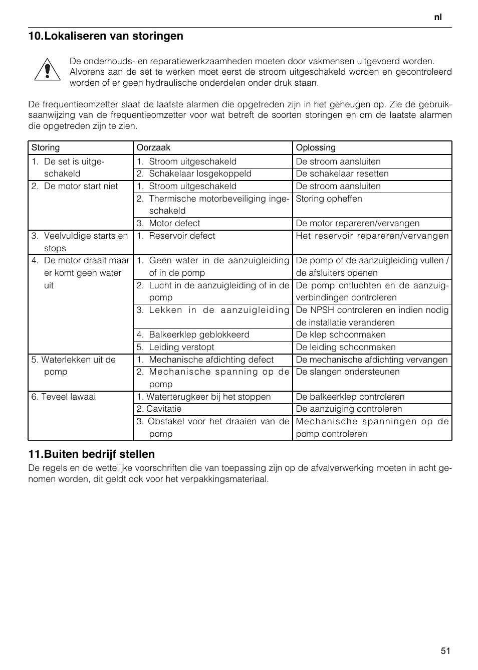 Buiten bedrijf stellen, Lokaliseren van storingen | Xylem GHV User Manual | Page 51 / 76