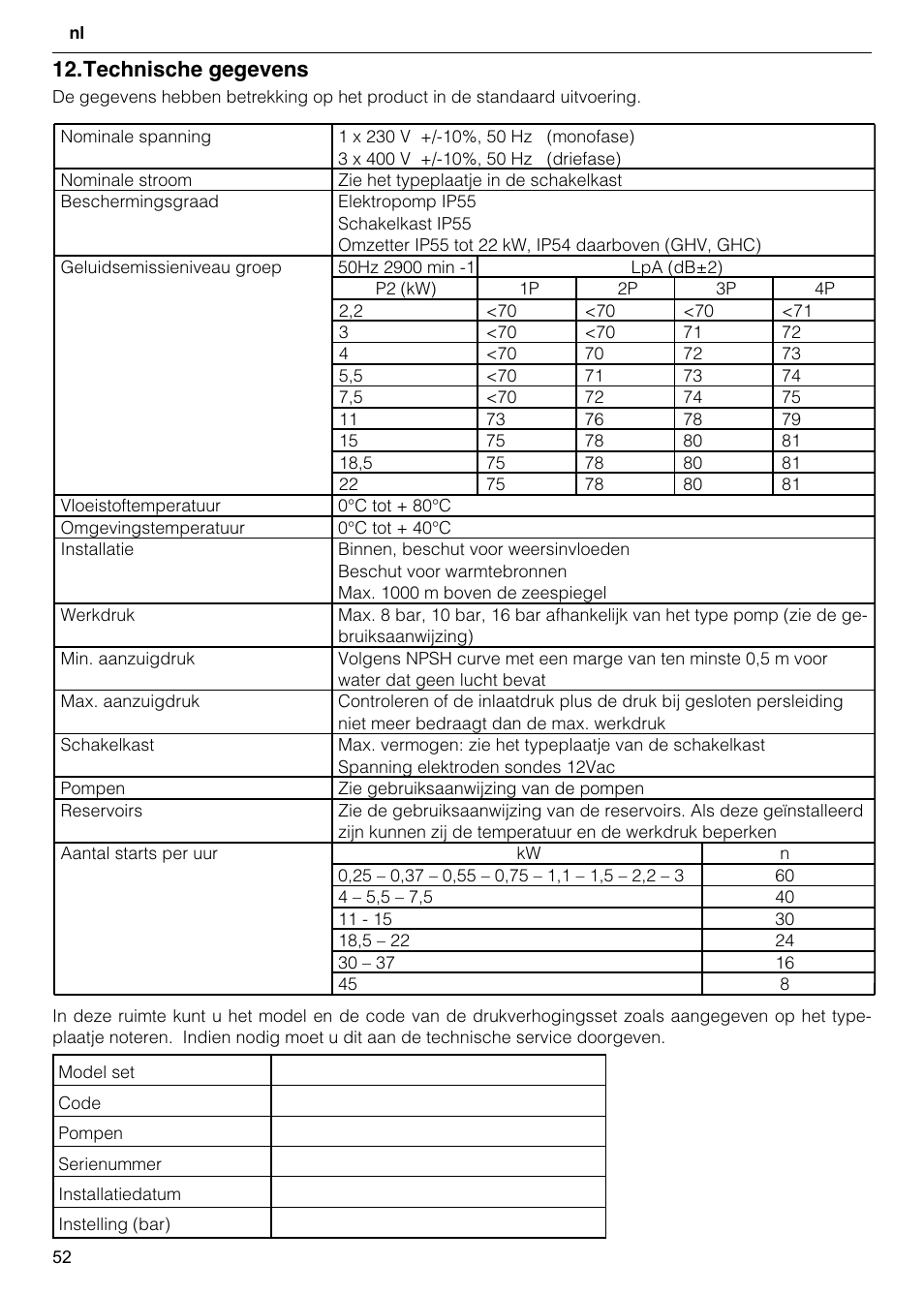 Technische gegevens | Xylem GHV User Manual | Page 52 / 76