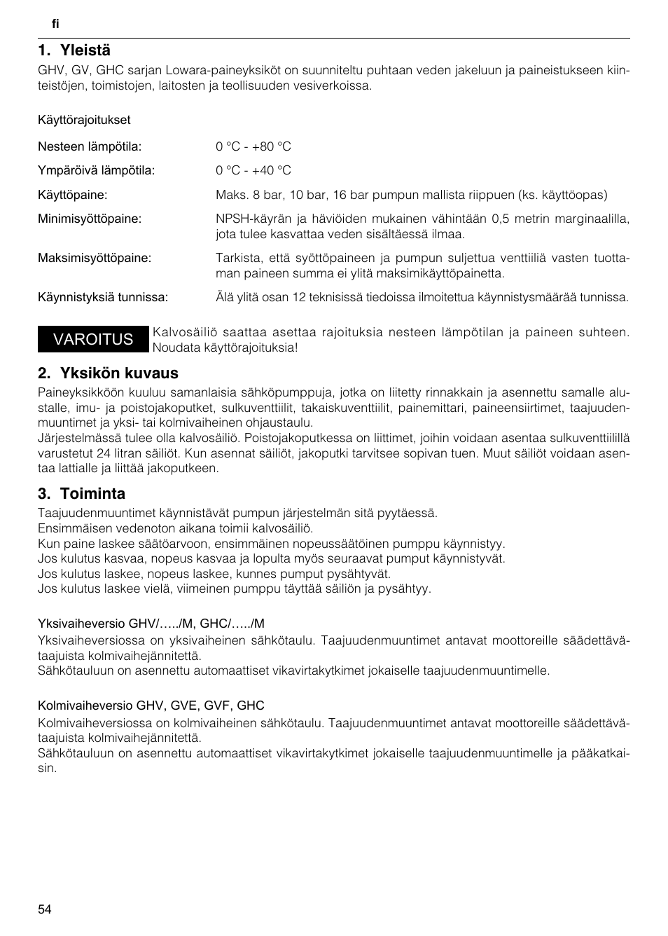 Yleistä, Yksikön kuvaus, Toiminta | Varoitus | Xylem GHV User Manual | Page 54 / 76