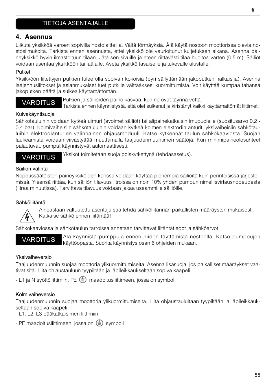Asennus, Varoitus | Xylem GHV User Manual | Page 55 / 76