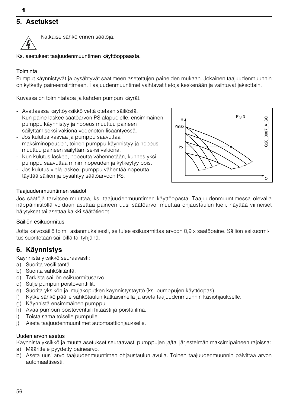 Asetukset, Käynnistys | Xylem GHV User Manual | Page 56 / 76