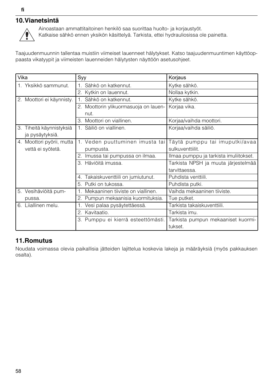 Romutus, Vianetsintä | Xylem GHV User Manual | Page 58 / 76