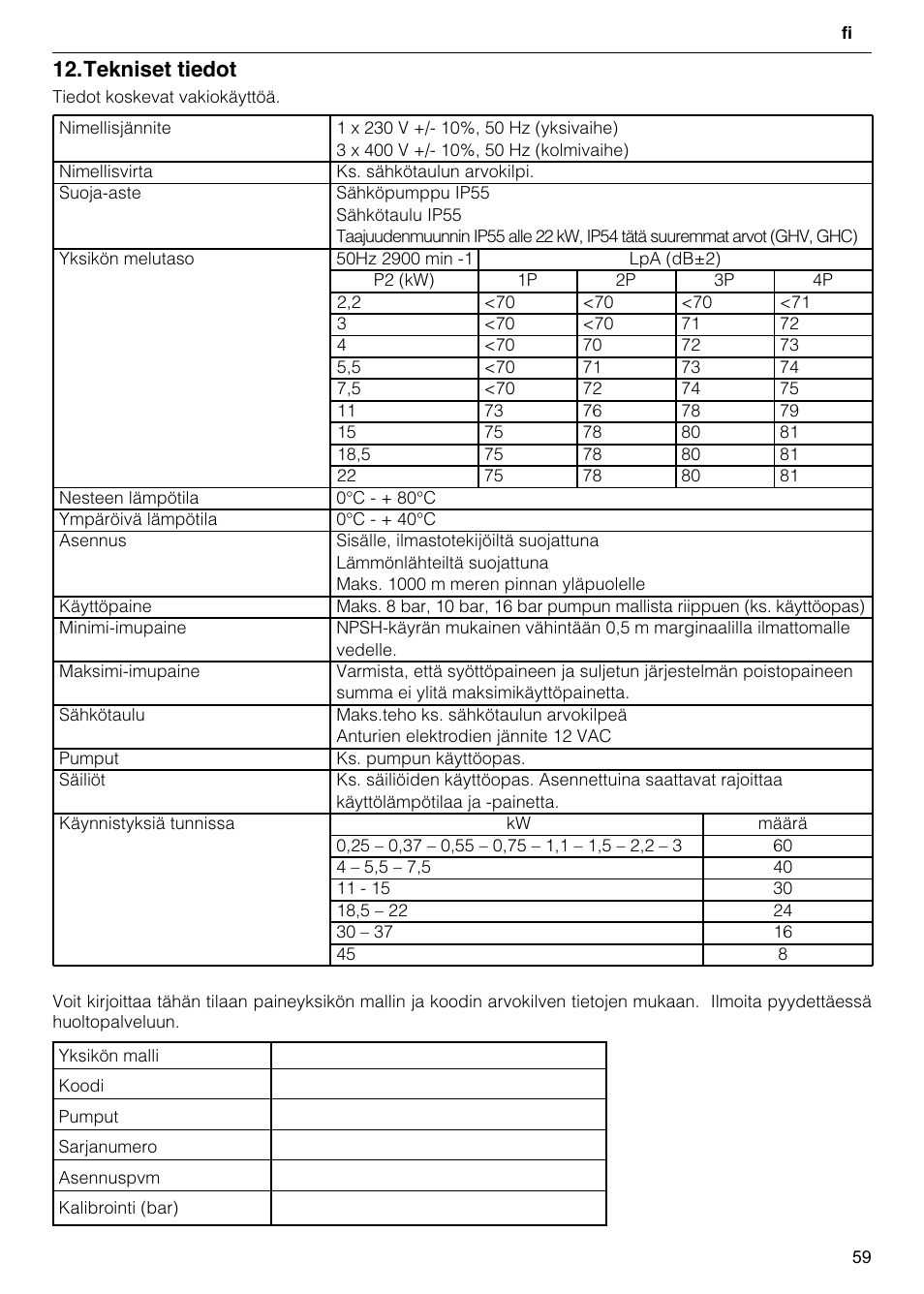 Tekniset tiedot | Xylem GHV User Manual | Page 59 / 76