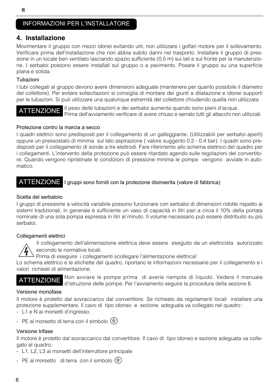 Installazione, Attenzione | Xylem GHV User Manual | Page 6 / 76