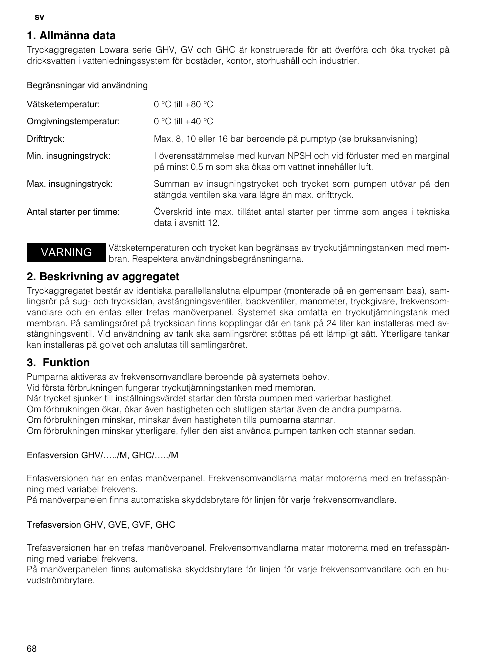 Allmänna data, Beskrivning av aggregatet, Funktion | Varning | Xylem GHV User Manual | Page 68 / 76