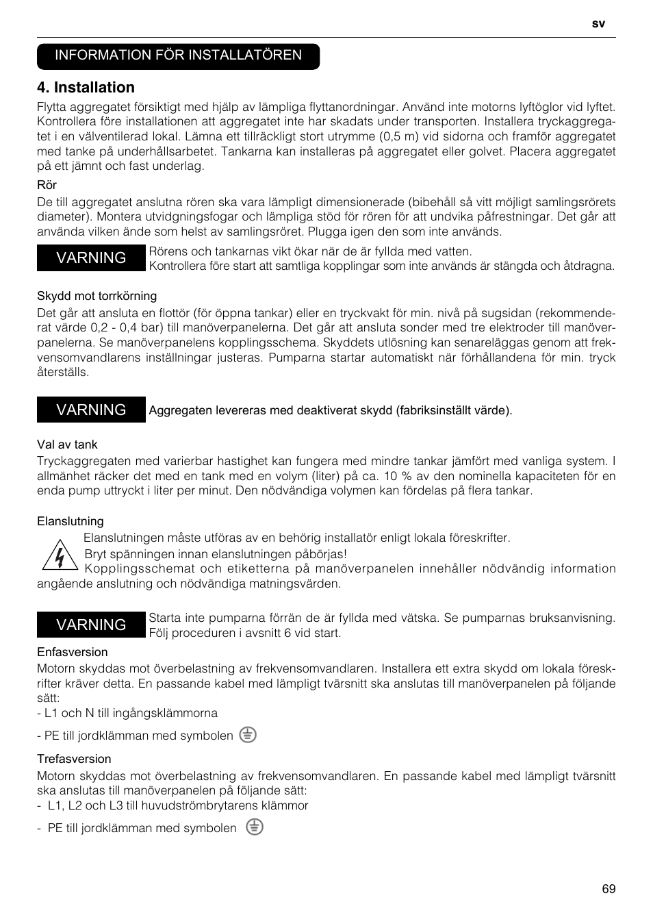 Installation, Varning | Xylem GHV User Manual | Page 69 / 76