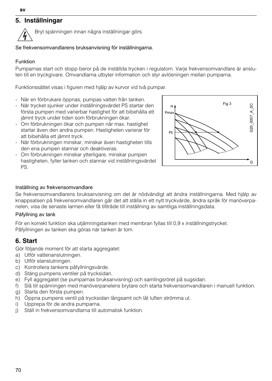 Inställningar, Start | Xylem GHV User Manual | Page 70 / 76