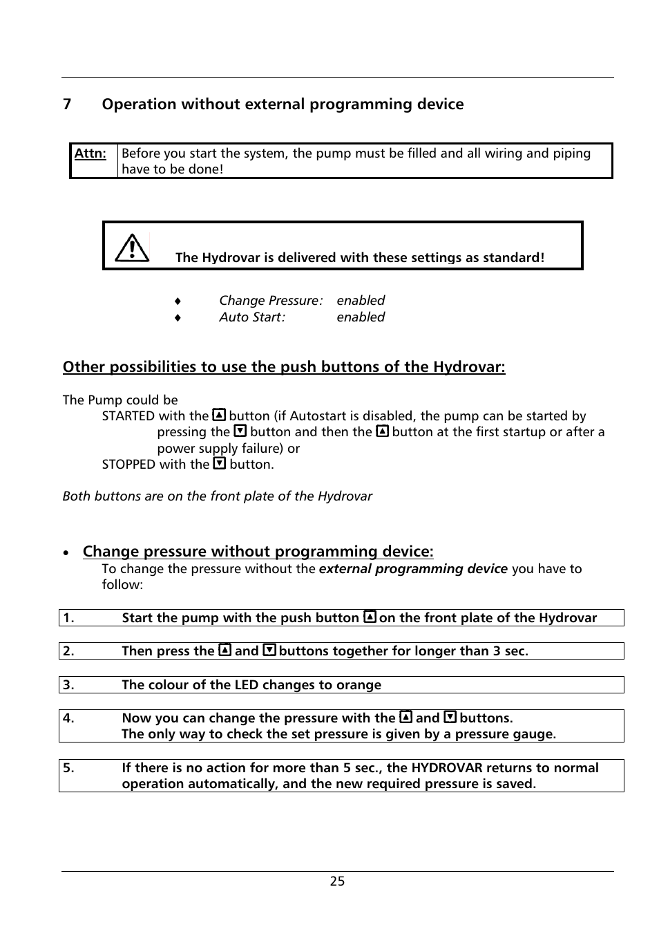 7operation without external programming device, Change pressure without programming device | Xylem HV 1.1 - 1.2 User Manual | Page 25 / 60