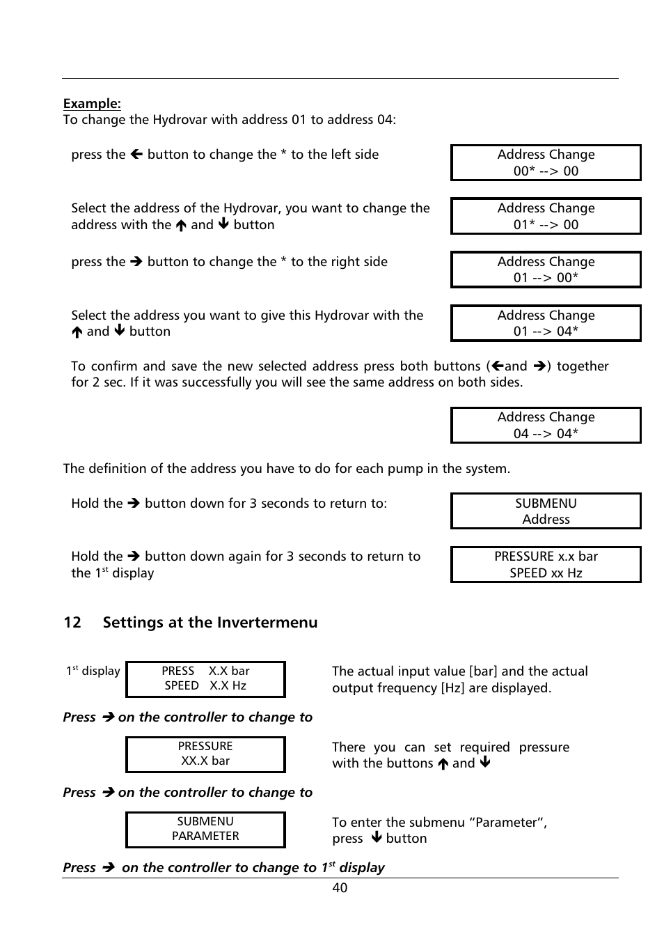 12 settings at the invertermenu | Xylem HV 1.1 - 1.2 User Manual | Page 40 / 60