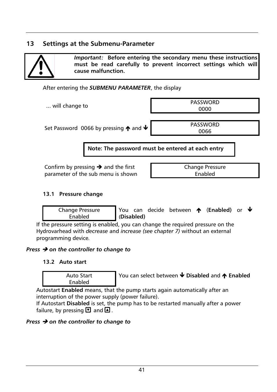 13 settings at the submenu-parameter | Xylem HV 1.1 - 1.2 User Manual | Page 41 / 60