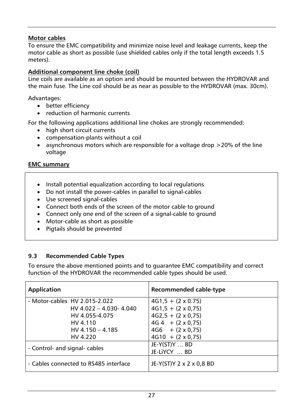 Xylem HYDROVAR HV 4.150 / 4.185 / 4.220 User Manual | Page 27 / 104