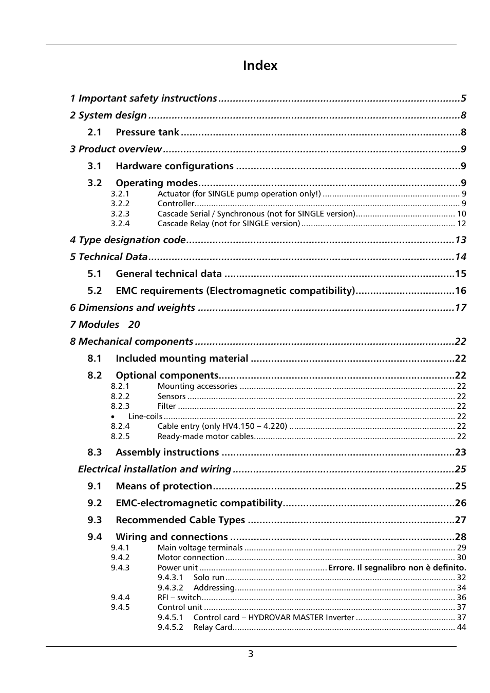 Index | Xylem HYDROVAR HV 4.150 / 4.185 / 4.220 User Manual | Page 3 / 104