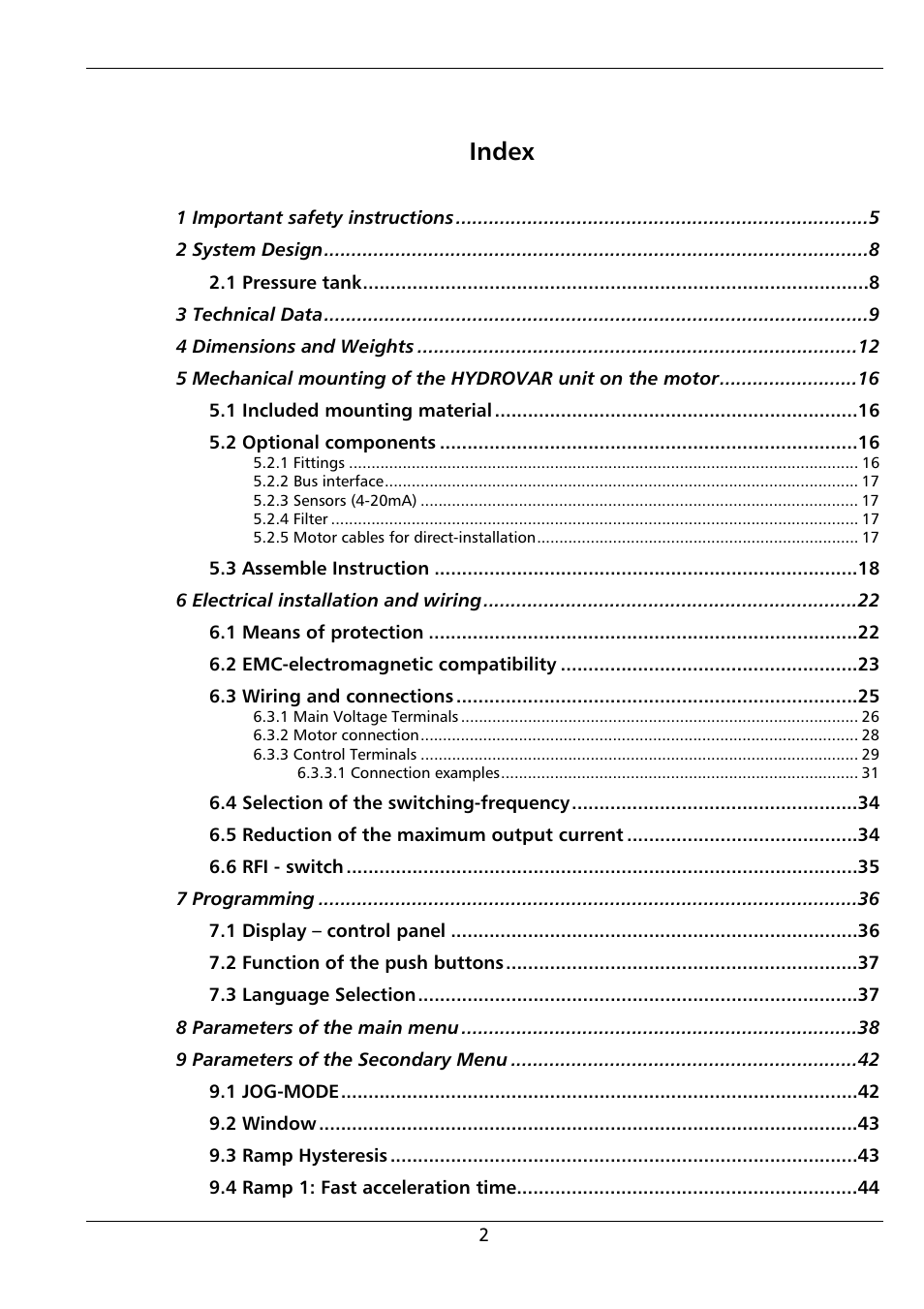 Index | Xylem HYDROVAR (HV2.1 - 3.45) User Manual | Page 2 / 72