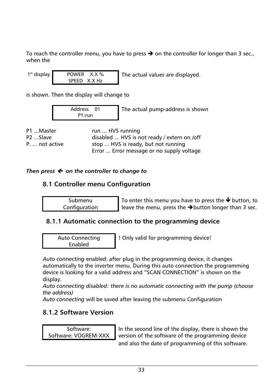 8 controller menu of the programming device, 1 controller menu configuration, 1 automatic connection to the programming device | 2 software version | Xylem HVS 1.1 - 3.4 User Manual | Page 33 / 40