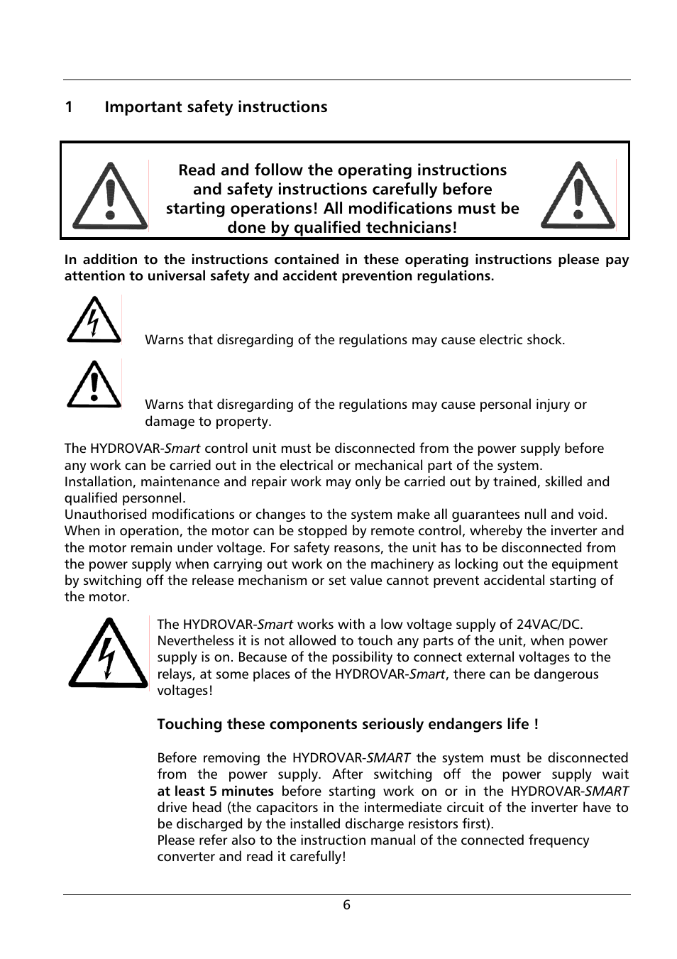 1important safety instructions | Xylem HYDROVAR Smart User Manual | Page 6 / 128