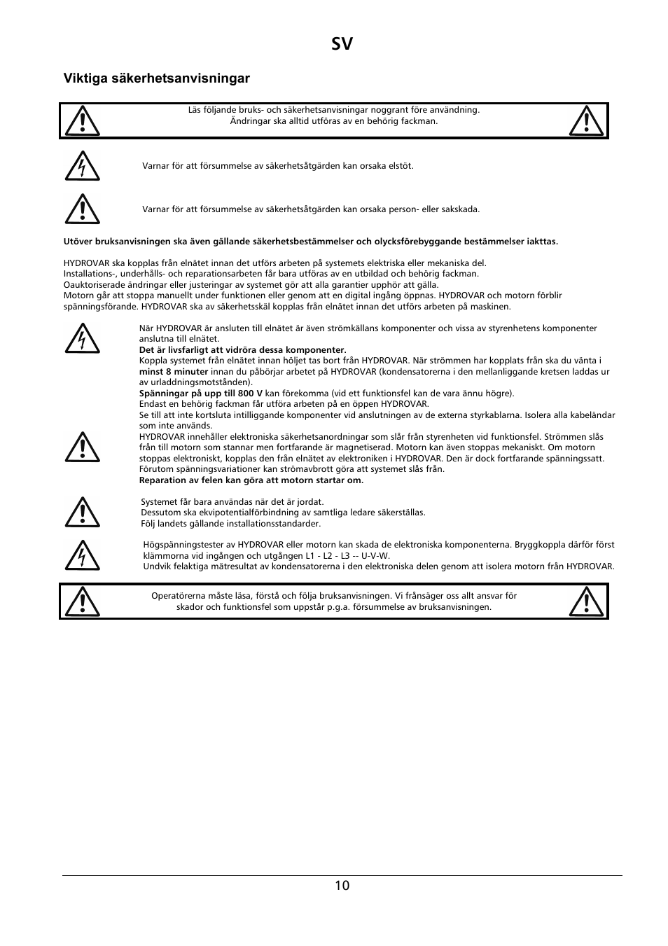 Viktiga säkerhetsanvisningar | Xylem HYDROVAR Wall Mounting Kit HV 2.015-4.220 User Manual | Page 11 / 28
