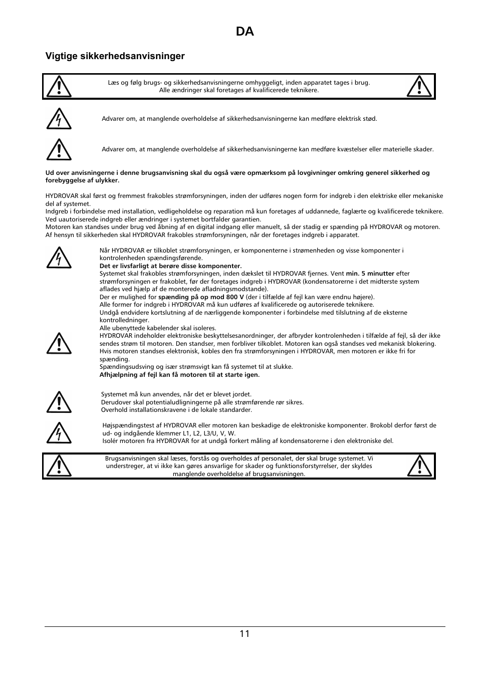 Vigtige sikkerhedsanvisninger | Xylem HYDROVAR Wall Mounting Kit HV 2.015-4.220 User Manual | Page 12 / 28