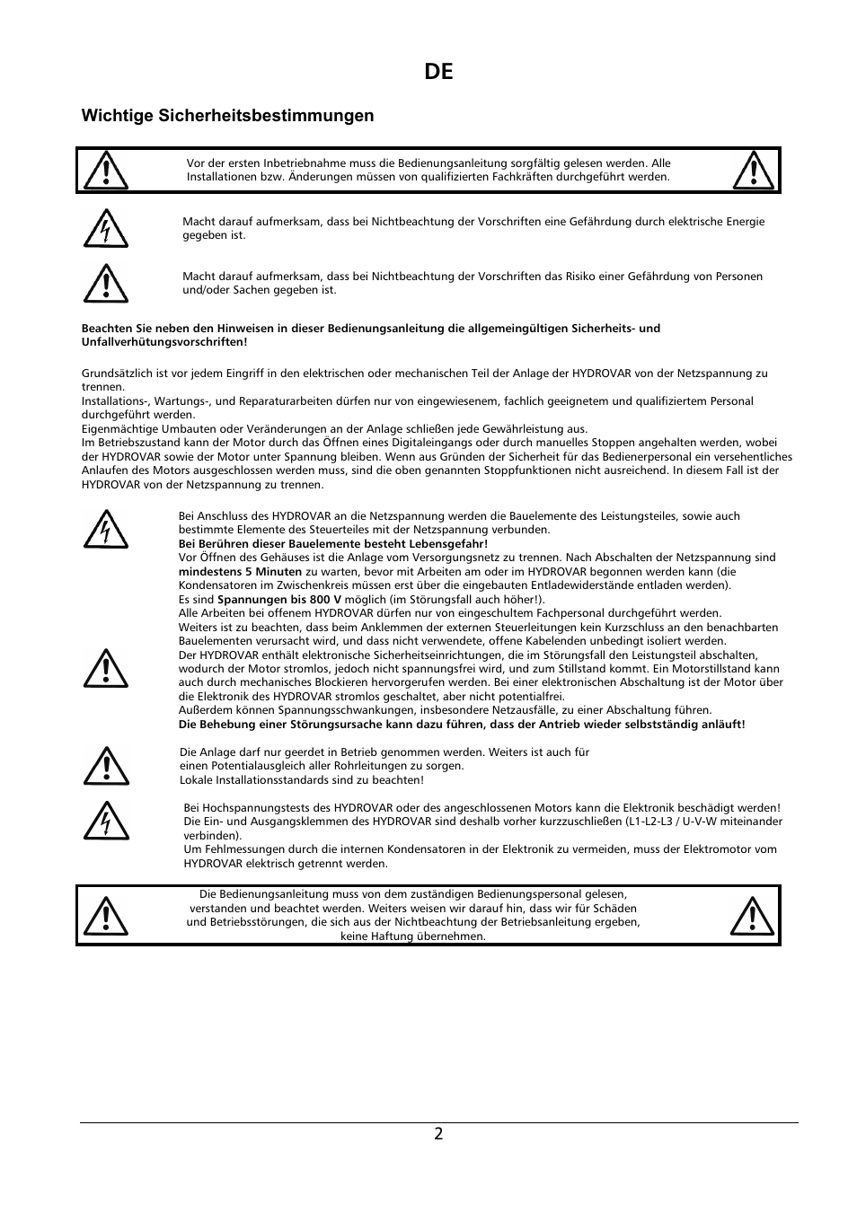 Wichtige sicherheitsbestimmungen | Xylem HYDROVAR Wall Mounting Kit HV 2.015-4.220 User Manual | Page 3 / 28