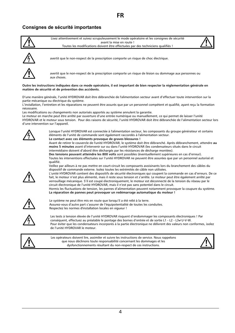 Consignes de sécurité importantes | Xylem HYDROVAR Wall Mounting Kit HV 2.015-4.220 User Manual | Page 5 / 28