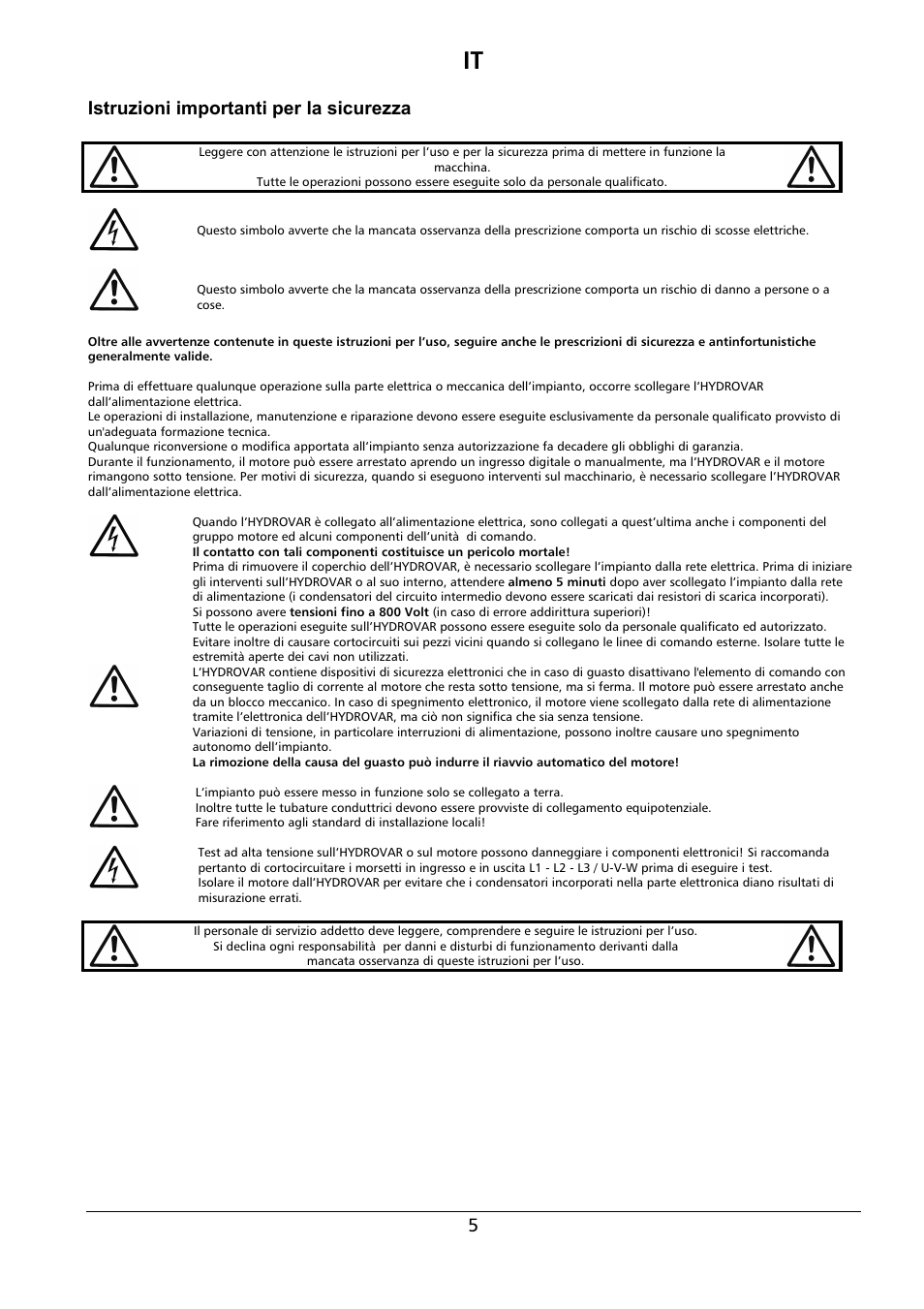 Istruzioni importanti per la sicurezza | Xylem HYDROVAR Wall Mounting Kit HV 2.015-4.220 User Manual | Page 6 / 28