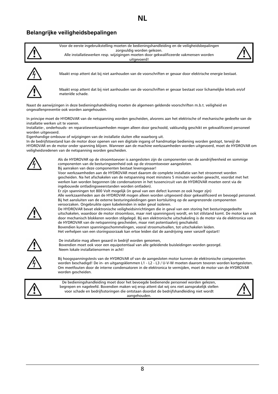 Belangrijke veiligheidsbepalingen | Xylem HYDROVAR Wall Mounting Kit HV 2.015-4.220 User Manual | Page 9 / 28