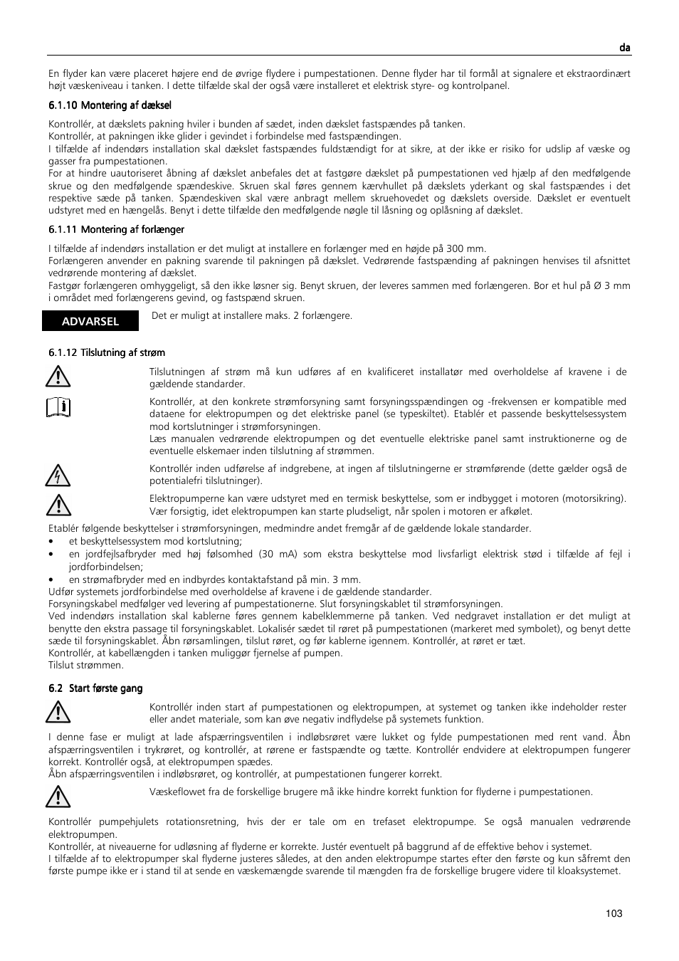 Advarsel | Xylem MIDIBOX SINGLEBOX PLUS DOUBLEBOX PLUS User Manual | Page 103 / 132