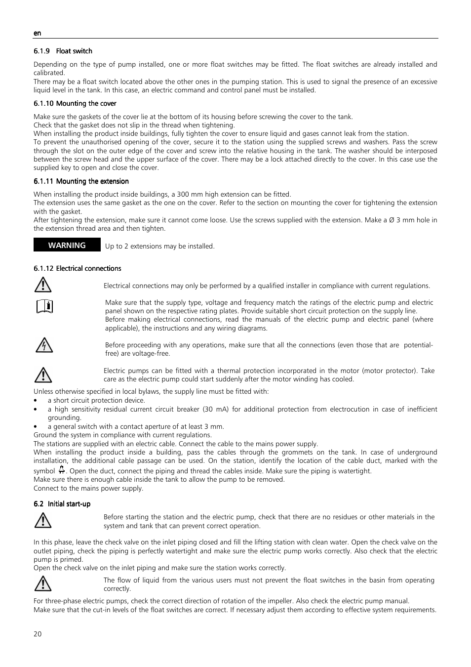 Warning | Xylem MIDIBOX SINGLEBOX PLUS DOUBLEBOX PLUS User Manual | Page 20 / 132