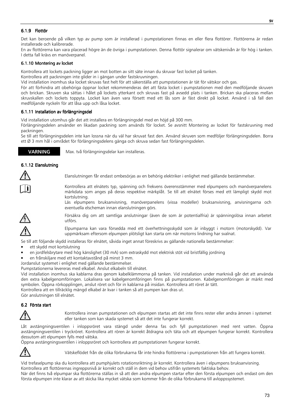 Varning | Xylem MIDIBOX SINGLEBOX PLUS DOUBLEBOX PLUS User Manual | Page 73 / 132
