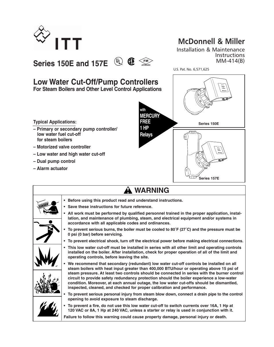 Xylem MM 414B Series 150E and 157E Low Water Cut-Off/Pump Controllers For Steam Boilers and Other Level Control Applications User Manual | 16 pages